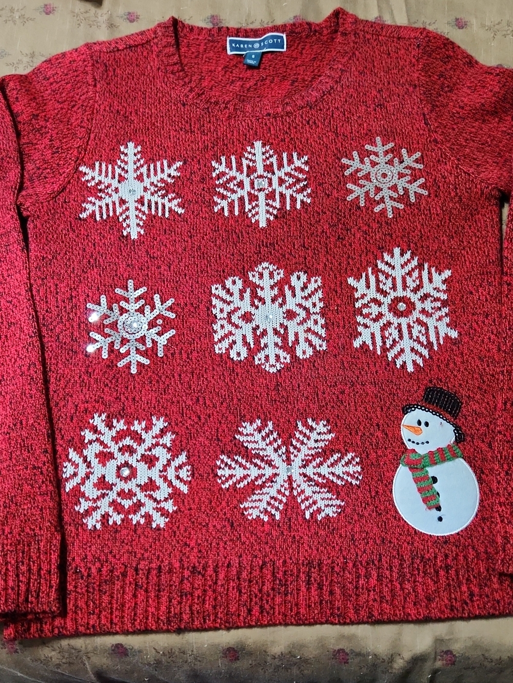 Karen Scott Red Crewneck Sweater with White Snowflakes and Snowman Accent
